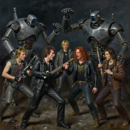 concept art, of a [ rage against the machine ] band memebers!!! humans fighting with robots!!!, detailed, close shot, dark concept art, dark skies painting by wlop, nixeu and greg rutkowski, beautiful, semirealism, artstation, octane render, oil painting, sharpness, 8 k, golden ratio