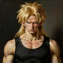 handsome blond broly by peter paul rubens and caravaggio 4k artstation hyperdetailed beautiful painting, long blond hair, black tank top, staring at the viewer, photorealistic