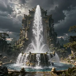 magical and mystical, illustrious makinami, misterious fountain, octane render, rembrandt, cgsociety, artstation trending, highly detailded