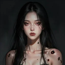 portrait of a woman with long black hair and insects coming out of holes in her skin, trypophobia, dramatic lighting, illustration by Greg rutkowski, yoji shinkawa, 4k, digital art, concept art, trending on artstation