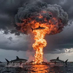 photo of a fire spout with sharks in it, sharknado,