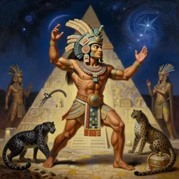 muscular male aztec deity, casting aztec magic, summoning handsome panther night star. ritual pyramidic magic. highly detailed painting by gaston bussiere, craig mullins, j. c. leyendecker 8 k