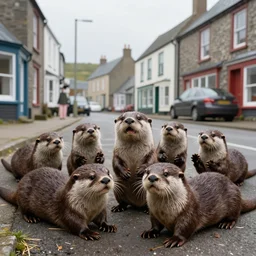 a group of otters wreaking havoc on the streets of a small town
