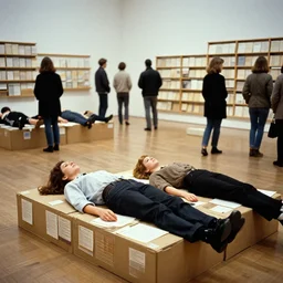 moma installation of boxes of classified documents, a man and woman lying on the boxes, people milling about and watching, 1 9 6 6 instamatic photo