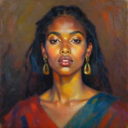 portrait in daring femininity, ethnic, confident face, warm glow, bathed in morning light, captured memory, painterly, radiosity, impressionism, vibrant color scheme, modern fashion, contemporary art, deep rich hues, oil on canvas