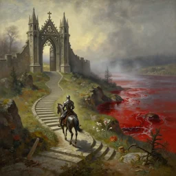 a gorgeous landscape painting by barlowe wayne, maxfield parrish and marco mazzoni. a lonely armed knight rides on the winding stone steps, a lonely magnificent gothic gate to the hell, turbulent blood lake, fog. 3 d, octane render, 8 k.