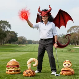 4 5 mm 1 9 7 7 cookbook food photography of a bill gates cosplayer on a golf course summoning a demon, photography by tyler mitchell johfra bosschart