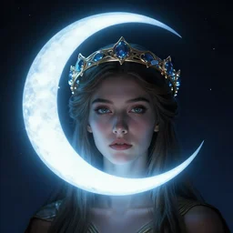 artemixel, the modern reincarnation of the old selenium greek god of hunt, also known as artemis the selene, carrying the celebrated crown of the crescent moon wich its usual bright and slightly bluish crescent like the brightness of the night, a close - up portrait by moebius, character designed, sci - fi concept art, 8 k resolution