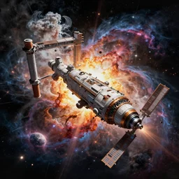 An epic fantastic realism comic book style painting of the most beautiful spacestation launched into space, color smoke, nebula, particles, glorious galactic collision, fisheye, unreal 5, DAZ, hyperrealistic, octane render, dynamic lighting