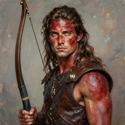 thomas serpentwind, solo male weary soldier, young adult, very long brown hair, golden eyes, ruddy rugged red skin, muscular!, leather armor, longbow, clear symmetrical eyes, a male dnd fighter's portrait, clear eyed, realistic, by brian patterson and rhads!!!, palette knife background