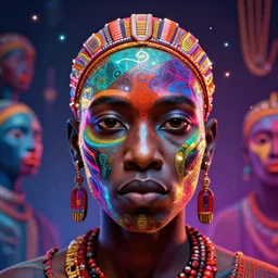 a vibrant colorful head and shoulders portrait of the face of a strong tribal african, zoom out, immersive digital art experiences, glowing lights, magic details, by moebius, edward hopper, james gilleard, and james jean, hd, 8 k, trending on artstation, uhd,