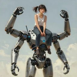 An epic fantastic realism graphic novel cover style painting of a beautiful girl, riding on the shoulders, of a robot with four arms, robotics, short pigtails hair,  cyberpunk, Concept world Art, ultrarealistic, hyperrealistic,  dynamic lighting by Paolo Eleuteri Serpieri