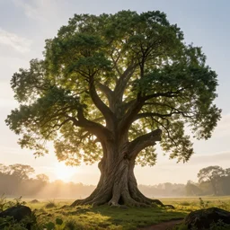 fabulous, mighty, onimous tree in a fantasy world, dreamlike sunraise, ultra realistic, ultra detailed