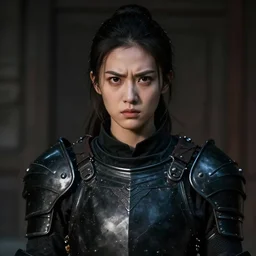 photorealistic  photograph of a beautiful young woman wearing black armor, angry eyes, no helmet, cinematic, 200mm prime lens