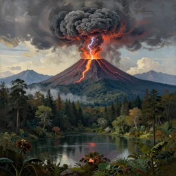 a beautiful painting of a volcano oozing lava, pyroclastic clouds forming from the mouth of the volcano with lightning inside, in the background there are other mountains and a thick forest, there's a lake in the foreground with lush vegetation by albert bierstadt, high resolution, excellent contrast, morning