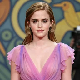 emma watson wearing revealing pink and purple chiffon dress with flounces. beautiful detailed face. by artgerm and greg rutkowski and alphonse mucha