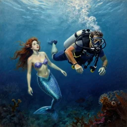 old drawing of a scuba diver swimming with a beautiful mermaid underwater, under water scenery, dramatic lighting, intense, epic, realistic drawing