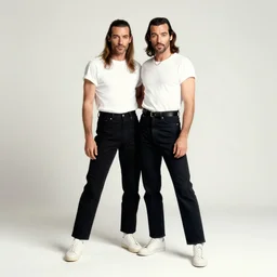 medium long shot, 3 / 4 shot, full body, of freddie mercury and kate bush posing, sharp eyes, happy expressions, detailed, black and white, sharp, dreamy, misty woods. mapplethorp
