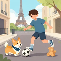 illustration of boy playing football with a corgi wearing a polkadot scarf on the streets of paris