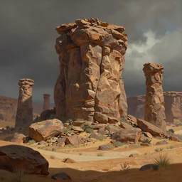 a painting of a desert landscape with rocks and pillars, a detailed matte painting by tyler edlin, cgsociety, fantasy art, matte painting, concept art, matte drawing