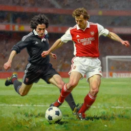 mozart kicks soccer ball at beethoven, playing for arsenal soccer club, oil painting by frank frazetta by greg rutkowski