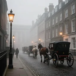 Misty Victorian London street, gas lanterns, horse drawn carriages, heavy mist, soft lighting, realistic octane render, 8k