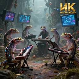 anthropomorphic band of geckos playing strange surrealist detailed electronic musical - instruments!! with blinking leds and oscilloscopes on screens in alien worlds, fog, candid photography, highly detailed, uhd, unreal engine 5, character concepts, 8 k, photorealistic, award winning render, octane render