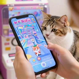 photo of a cat playing a gacha game on his phone