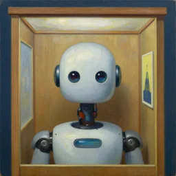 super - intelligent robot with kind eyes portrait, in a photo booth, grant wood, pj crook, edward hopper, oil on canvas