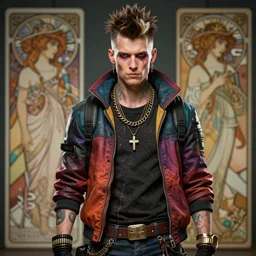 detailed character concept art portrait of a vibrantly dressed cyberpunk punk diesel punk man on a depth of field background, artstation, award - winning realistic sci - fi concept art by jim burns and greg rutkowski, beksinski, a realism masterpiece, complimentary color palette, james gilleard, bruegel, alphonse mucha, and yoshitaka amano