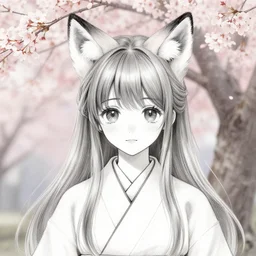 an sketch art of a cute girl with fox ears wearing kimono at a sakura tree by asia ladowska, 8 k resolution, oc commission, face sketch, pencil sketch, high quality, highly detailed, long hair, illustration, deviantart