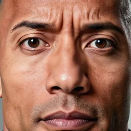 a close up photograph of Dwayne Johnson with enormous eyes, a tiny mouth, and an incredibly wide nose