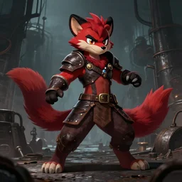 < a tail > a handsome weasel bandit furry red - and - black male fursona animal character, leather armor, smirking, mid - action pose on a gritty industrial background by peder balke, dark industrial fantasy, furry art, deviantart contest winner, tumblr contest winner, fursona has a ^ tail * tail *