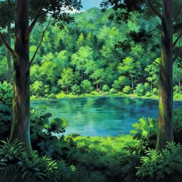 high detail sharp anime gouache background  , forest panorama with lake  by chan san