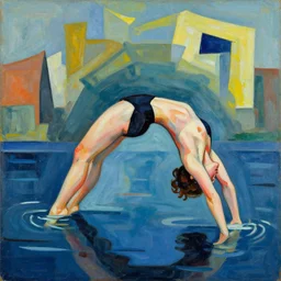 woman woman arches her back and dives into the deep deep water, abstract art in the style of cubism and james pollock and cubism,