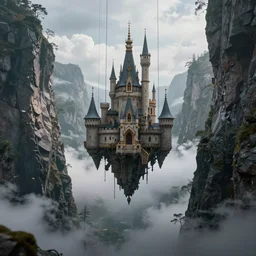 frontal photo of floating castle hanging by chains in the air, in between a gorge, below only cloud dark void, 8k resolution, octane,