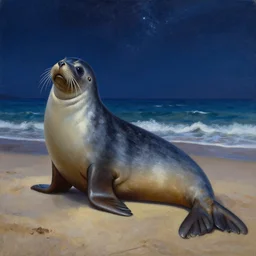 a realistic oil painting of a selkie seal on the beach, at night with a sky full of stars, highly detailed, trending on artstation, by james gurney and michael whelan and krenz cushart and alphonse mucha