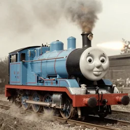 WW2 era photograph of Thomas-the-tank-engine as 800mm German rail artillery Dora firing off a shot
