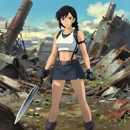 tifa lockhart scavenging in a scrapyard, hyperrealistic, trending on pixiv fanbox, painted by greg rutkowski makoto shinkai takashi takeuchi studio ghibli, akihiko yoshida