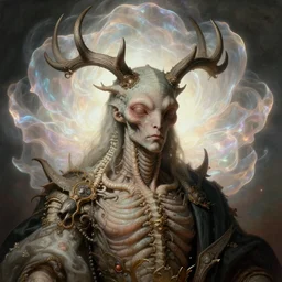 surreal baroque portrait of ribbed alien god covered with spinal antlers, iredescent soft glow bloom effect, dream - like, baroque portrait painting, perfect composition, beautiful detailed intricate detailed octane render, unreal engine 5, trending on artstation, 8 k, photorealistic, volumetric cinematic perfect light, chiaroscuro, masterpiece, raphael, caravaggio, beksinski, giger