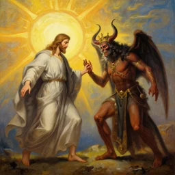 The sun takes the King of Hell back to Jesus - photo real painting