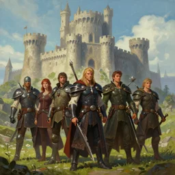 a painting of a group of people in front of a castle, concept art by marc simonetti, þorarinn b. þorlaksson and shingeki, featured on cgsociety, fantasy art, 2 d game art, concept art, d & d