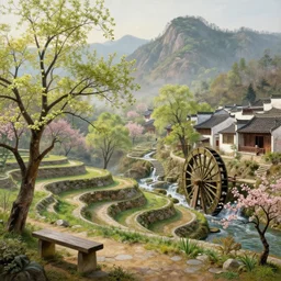 a gorgeous landscape painting by barlowe wayne maxfield parrish and marco mazzoni. early spring morning. bench terrace. close - up shot on hyper detailed trees has just sprouted!! tyndall effec, light effect. chinese village. china waterwheel. the winding steps, waterfall from the mountain. ultra clear detailed. highly detailed, 3 d, octane render.