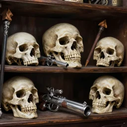 A shelf of vampire skulls, silver vampire-hunting guns and wooden stakes