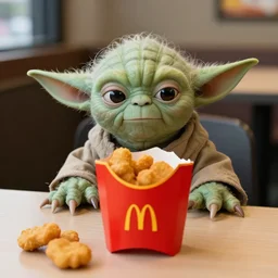 yoda, annoyed, yoda sitting behind a table inside mcdonald's, small red cardboard box on table, yellow m logo on box, chicken nuggets 3 5 mm, f / 2. 8