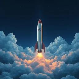 a frontal drawing of a rocket centered with a dark blue background and clouds by inio, beeple and james jean, aya takano color style, trippy, 4 k, super detailed, night sky, digital art, digital painting, clean