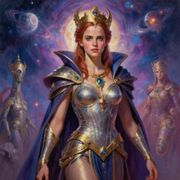 A cyborg Emma Watson as the ultimate tyrant emperor of the universe. Trending on ArtStation. A vibrant digital oil painting. A highly detailed fantasy character illustration by Wayne Reynolds and Charles Monet and Gustave Dore and Carl Critchlow and Bram Sels