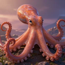 octopus, pixar movie scene, very detailed closeup of skin texture at Magic Hour