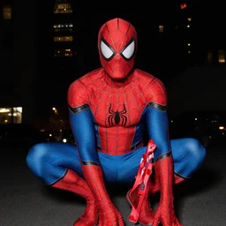 man in spiderman costume in nyc at night, harsh flash photography