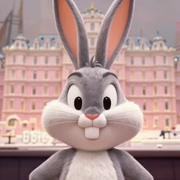 A badass photo of the Fat Bugs Bunny in the movie The Grand Budapest Hotel (2014), hyper detailed, award winning photography, perfect faces, 50 mm